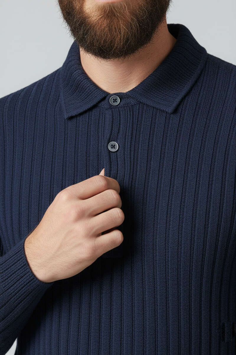 Polo Yaka Kabartma Çizgili Erkek Sweatshirt
