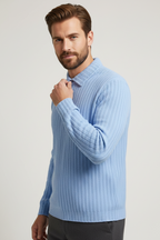 Polo Yaka Kabartma Çizgili Erkek Sweatshirt