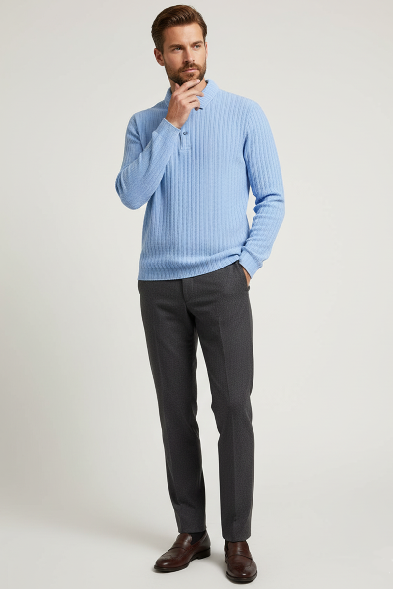 Polo Yaka Kabartma Çizgili Erkek Sweatshirt