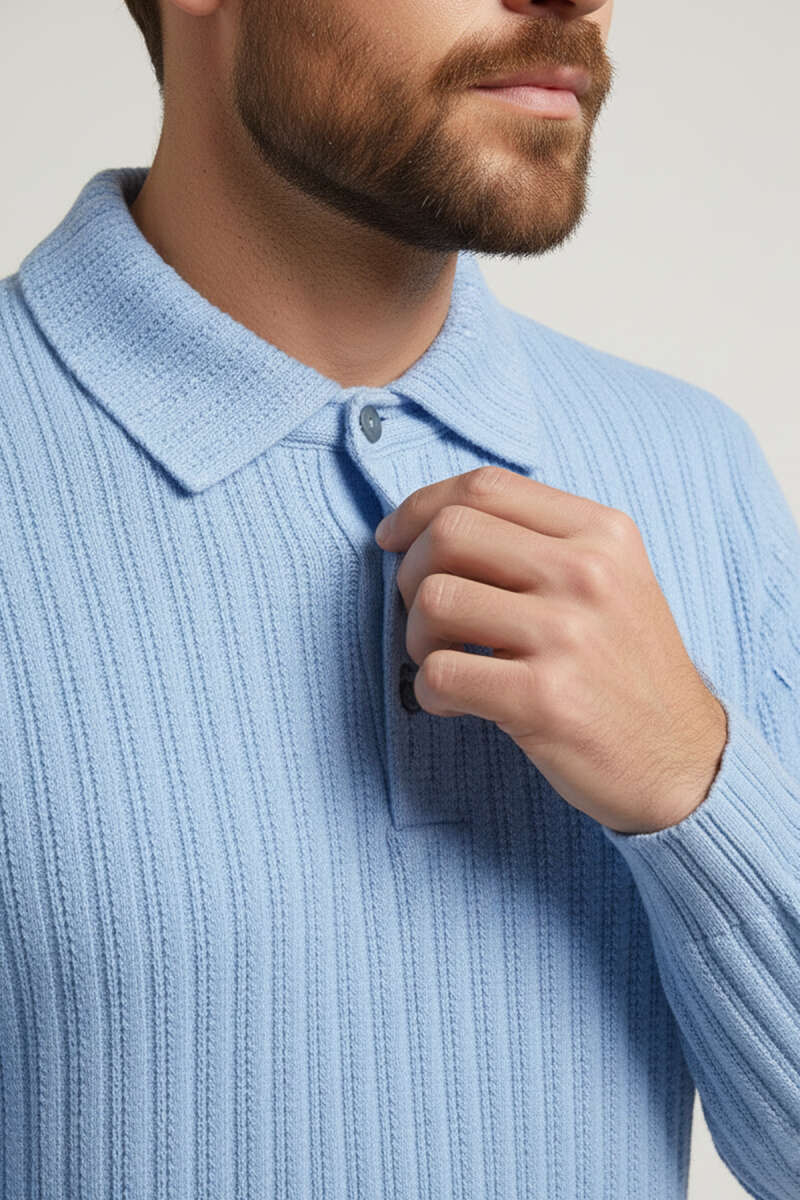 Polo Yaka Kabartma Çizgili Erkek Sweatshirt