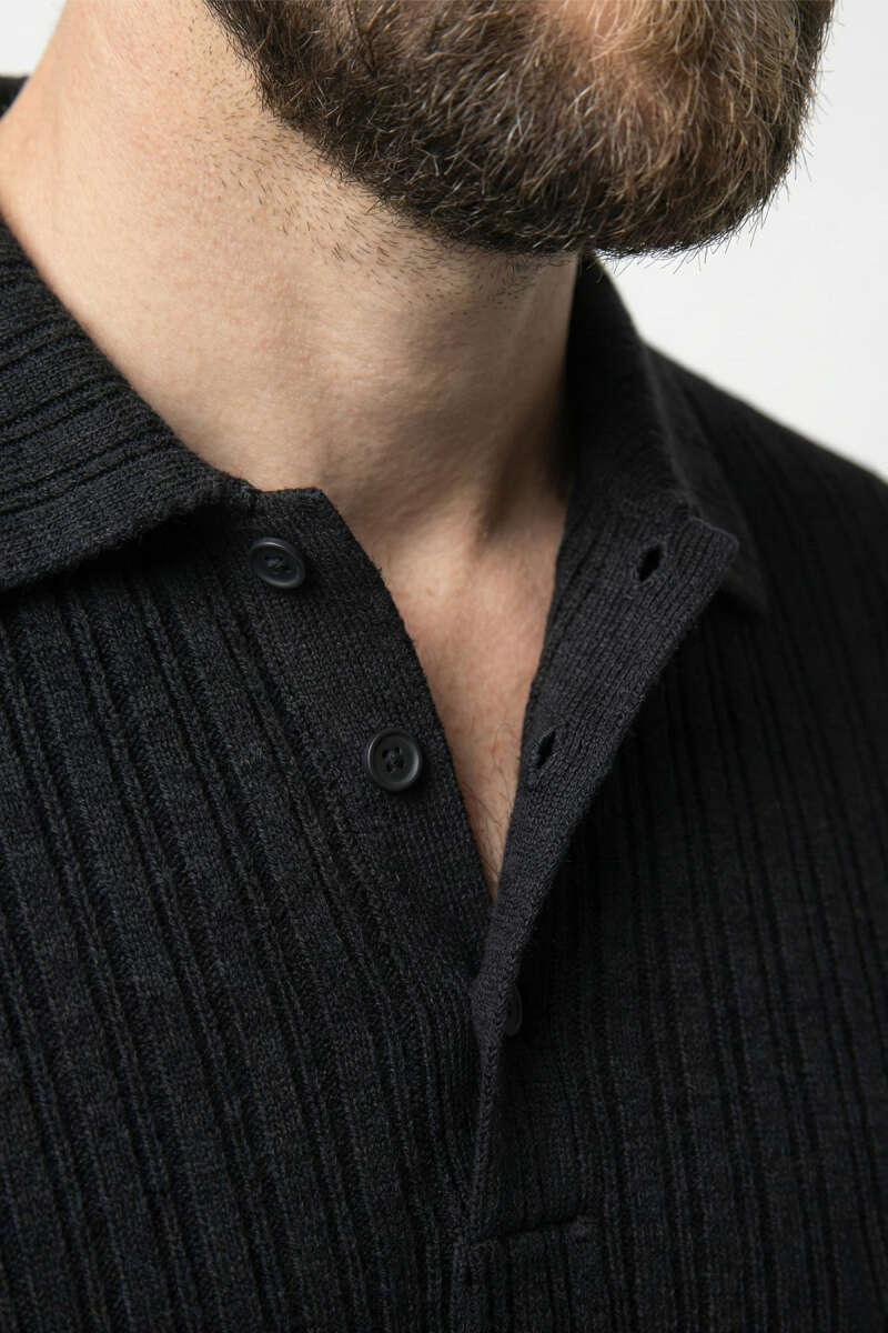 Polo Yaka Kabartma Çizgili Erkek Sweatshirt