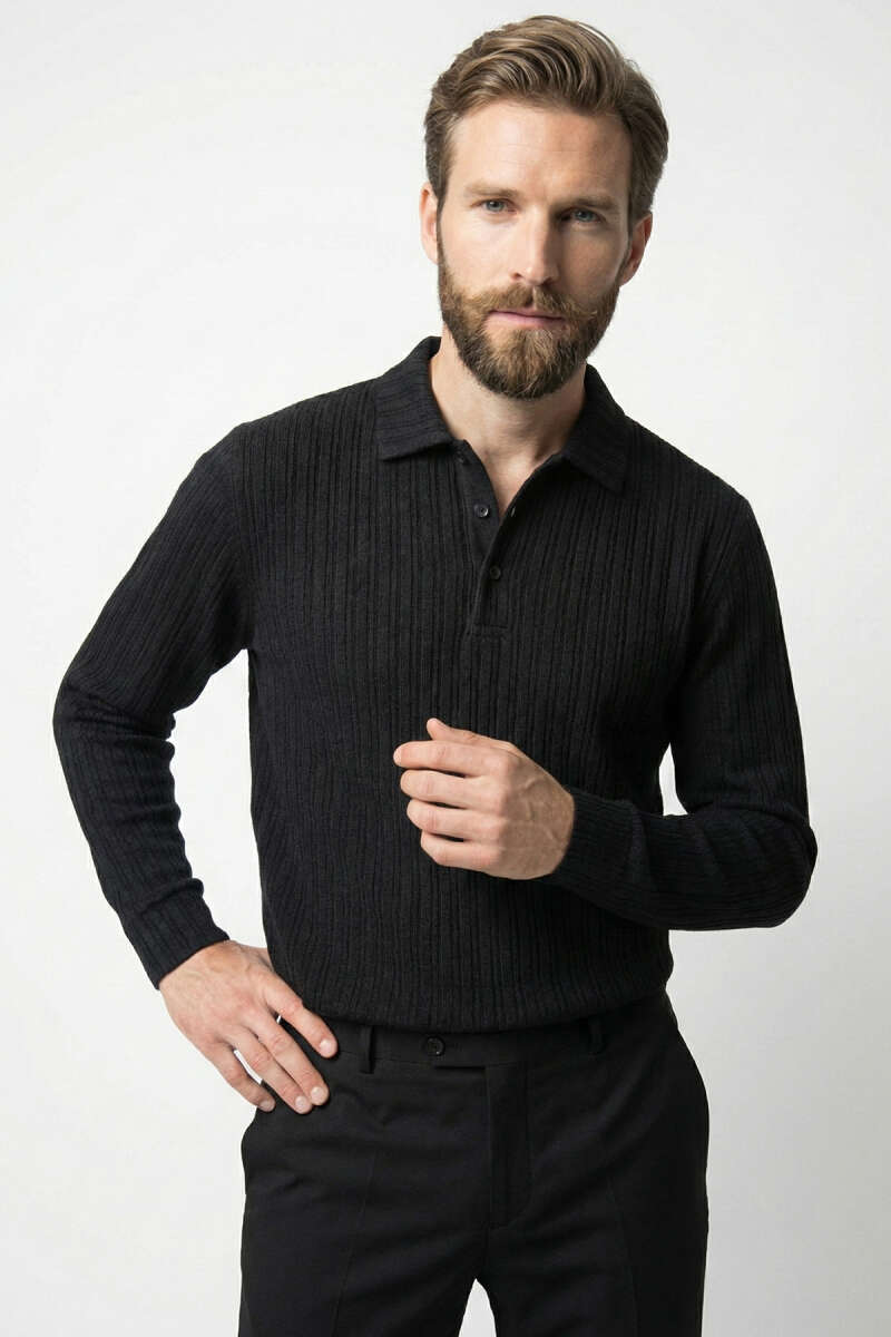 Polo Yaka Kabartma Çizgili Erkek Sweatshirt