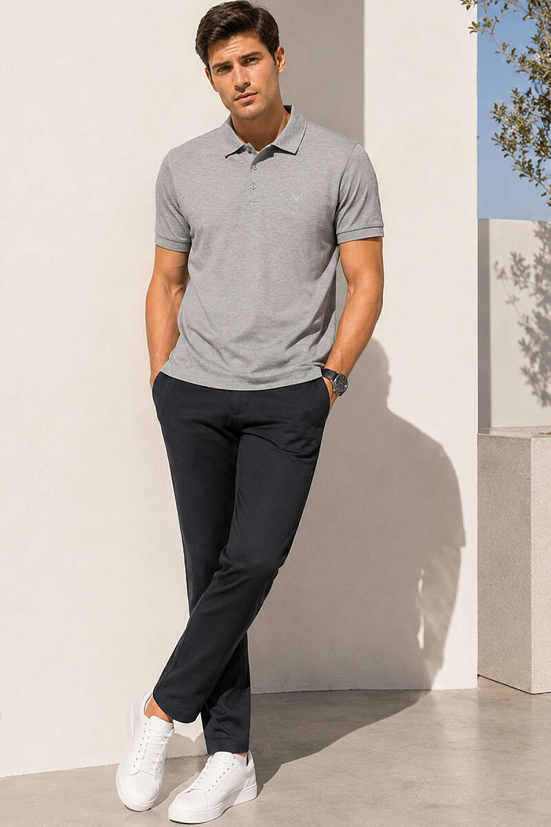 Polo Yaka Kol Ribanalı Erkek T-shirt Melanj Gri