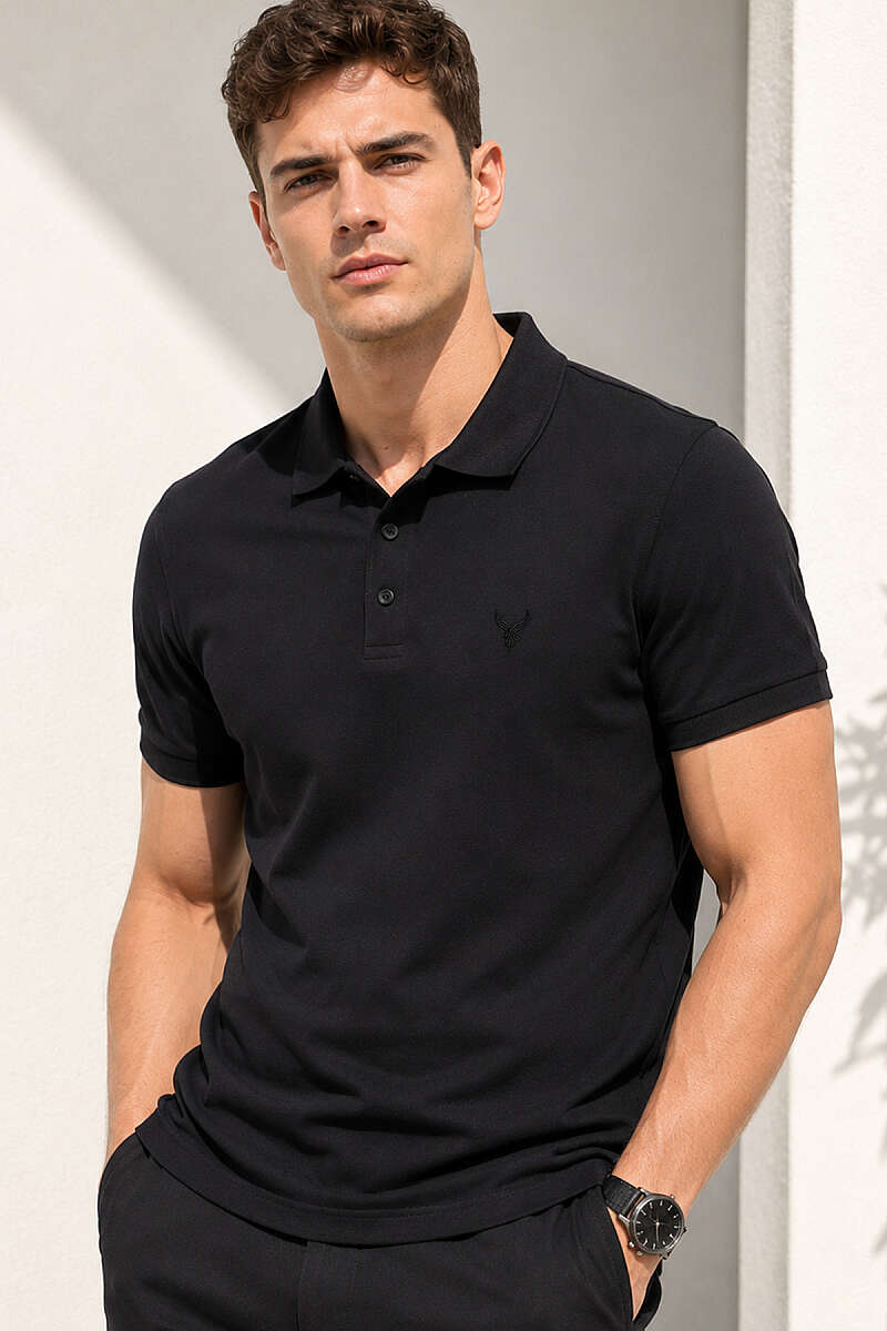 Polo Yaka Kol Ribanalı Erkek T-shirt Siyah