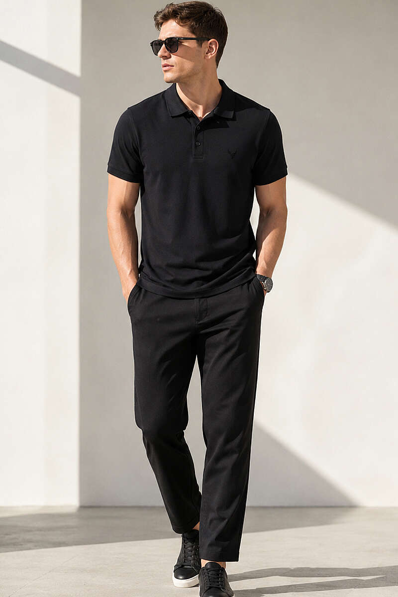 Polo Yaka Kol Ribanalı Erkek T-shirt Siyah