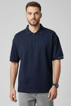 Polo Yaka Kol Yazılı Oversize Erkek T-shirt Lacivert
