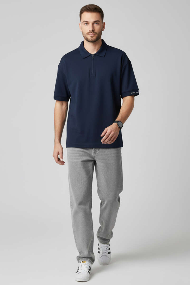 Polo Yaka Kol Yazılı Oversize Erkek T-shirt Lacivert