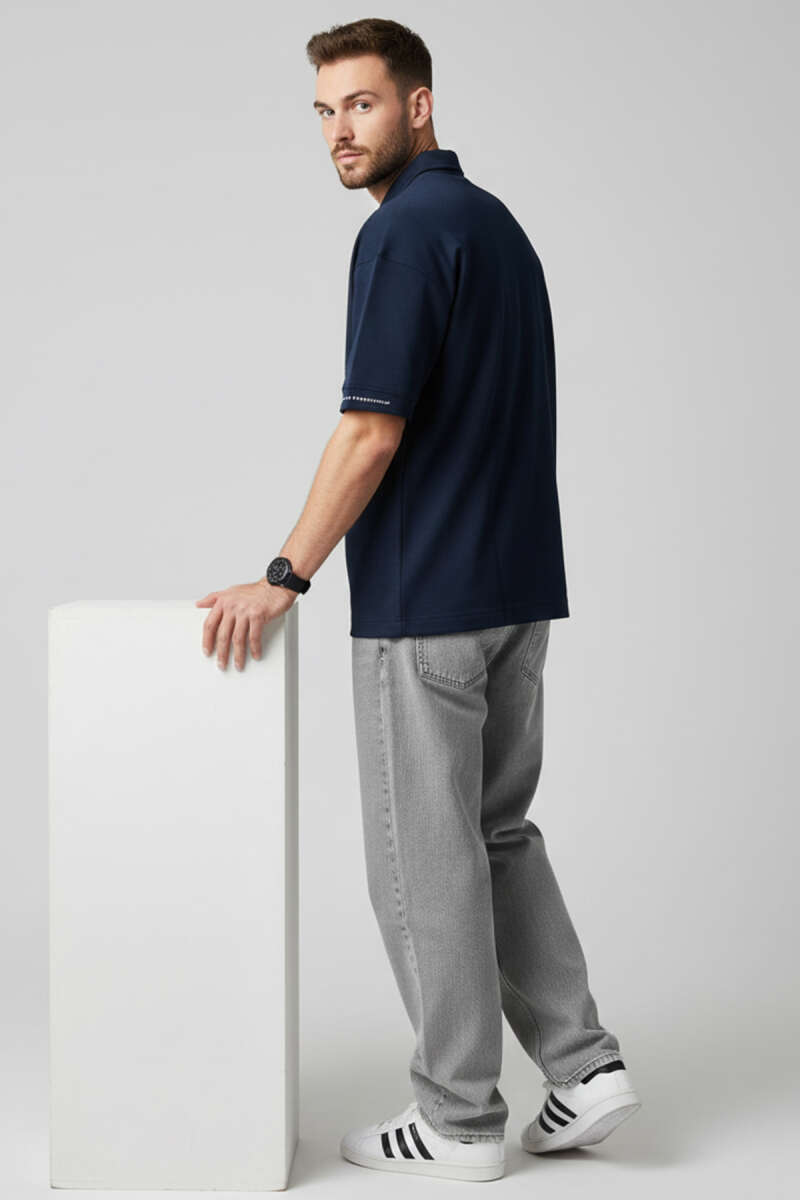 Polo Yaka Kol Yazılı Oversize Erkek T-shirt Lacivert