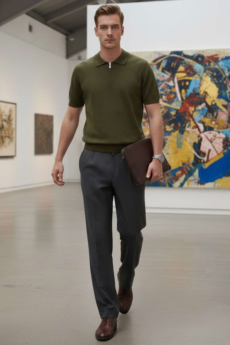 Polo Yaka Merserize Erkek T-shirt Haki