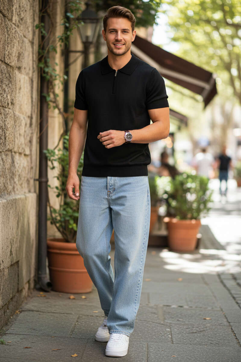 Polo Yaka Merserize Erkek T-shirt Siyah
