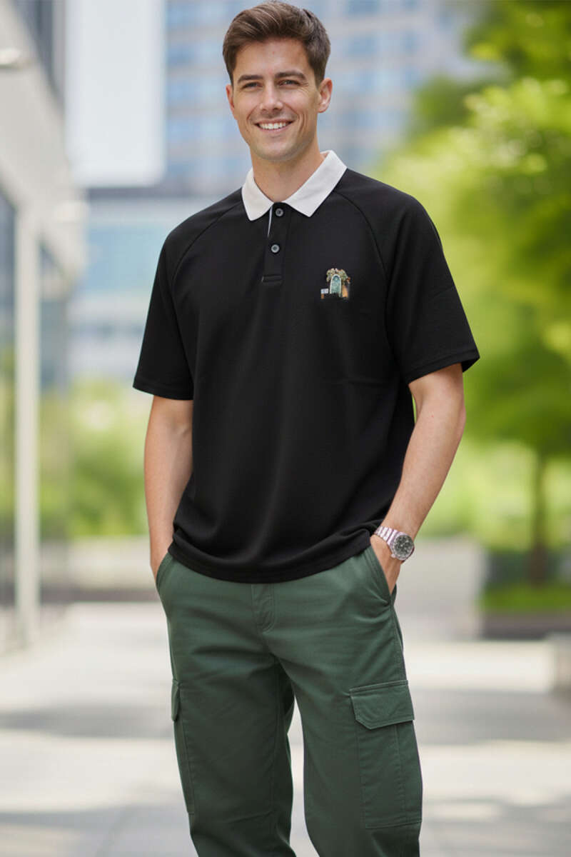 Polo Yaka Nakışlı İki İplik T-shirt Siyah