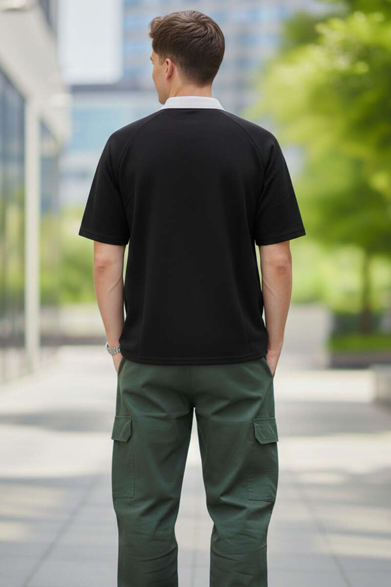 Polo Yaka Nakışlı İki İplik T-shirt Siyah