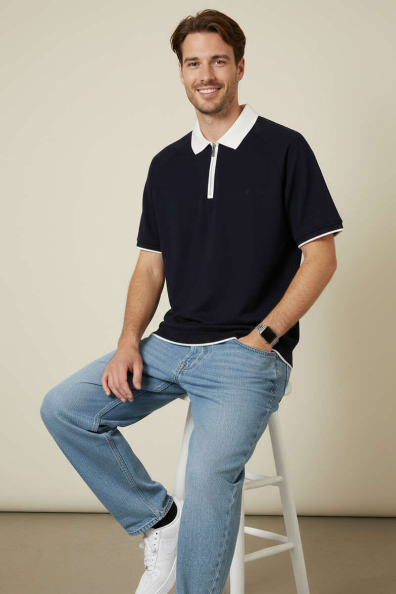 Polo Yaka Ribanalı Fermuarlı Erkek T-shirt Lacivert