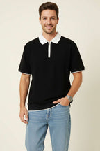 Polo Yaka Ribanalı Fermuarlı Erkek T-shirt Siyah