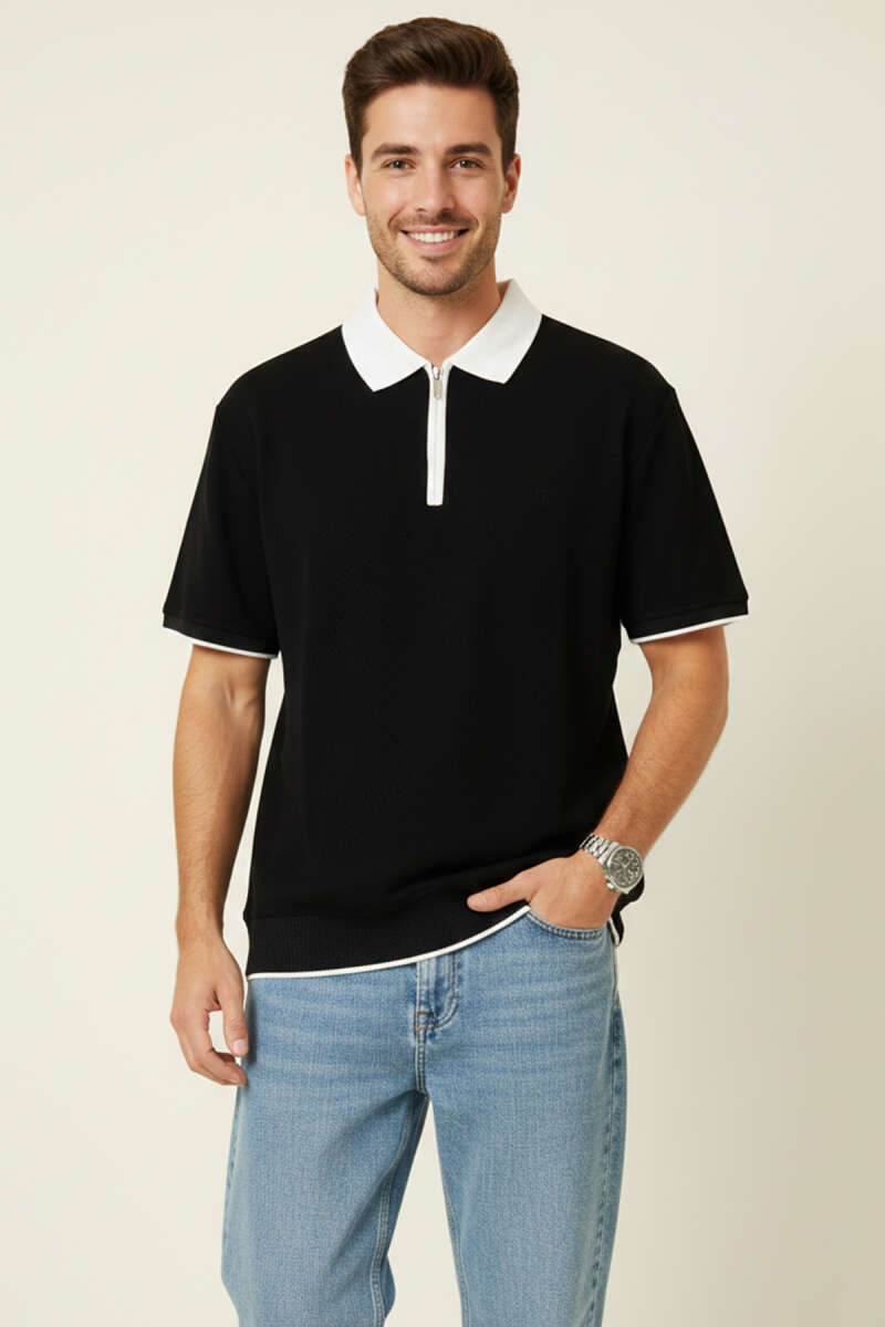 Polo Yaka Ribanalı Fermuarlı Erkek T-shirt Siyah