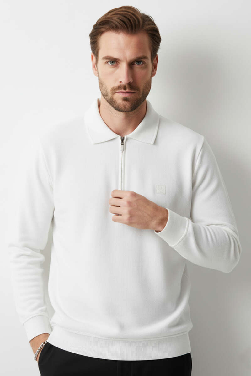 Polo Yaka Triko Fermuarlı Erkek Sweatshirt