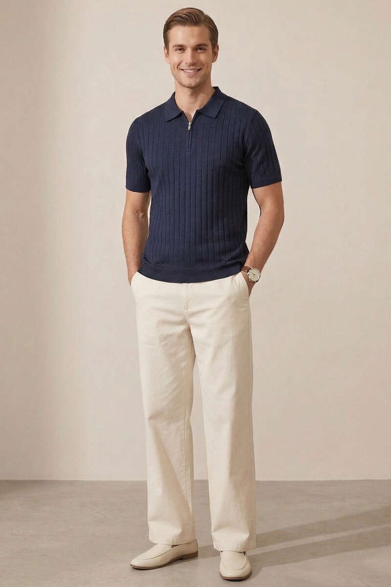 Polo Yaka Yarım Fermuarlı Erkek T-shirt Lacivert