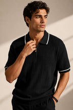 Polo Yaka Yarım Fermuarlı Merserize Erkek T-shirt Siyah