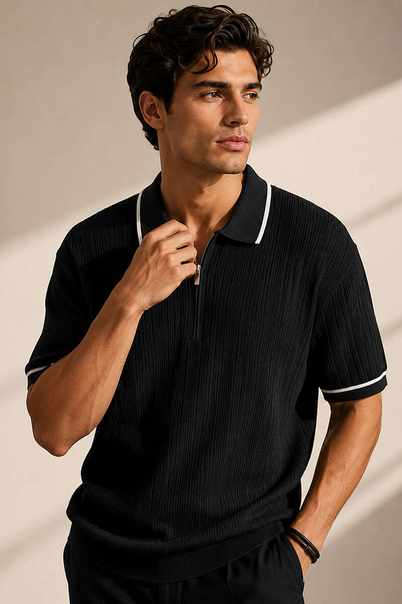 Polo Yaka Yarım Fermuarlı Merserize Erkek T-shirt Siyah