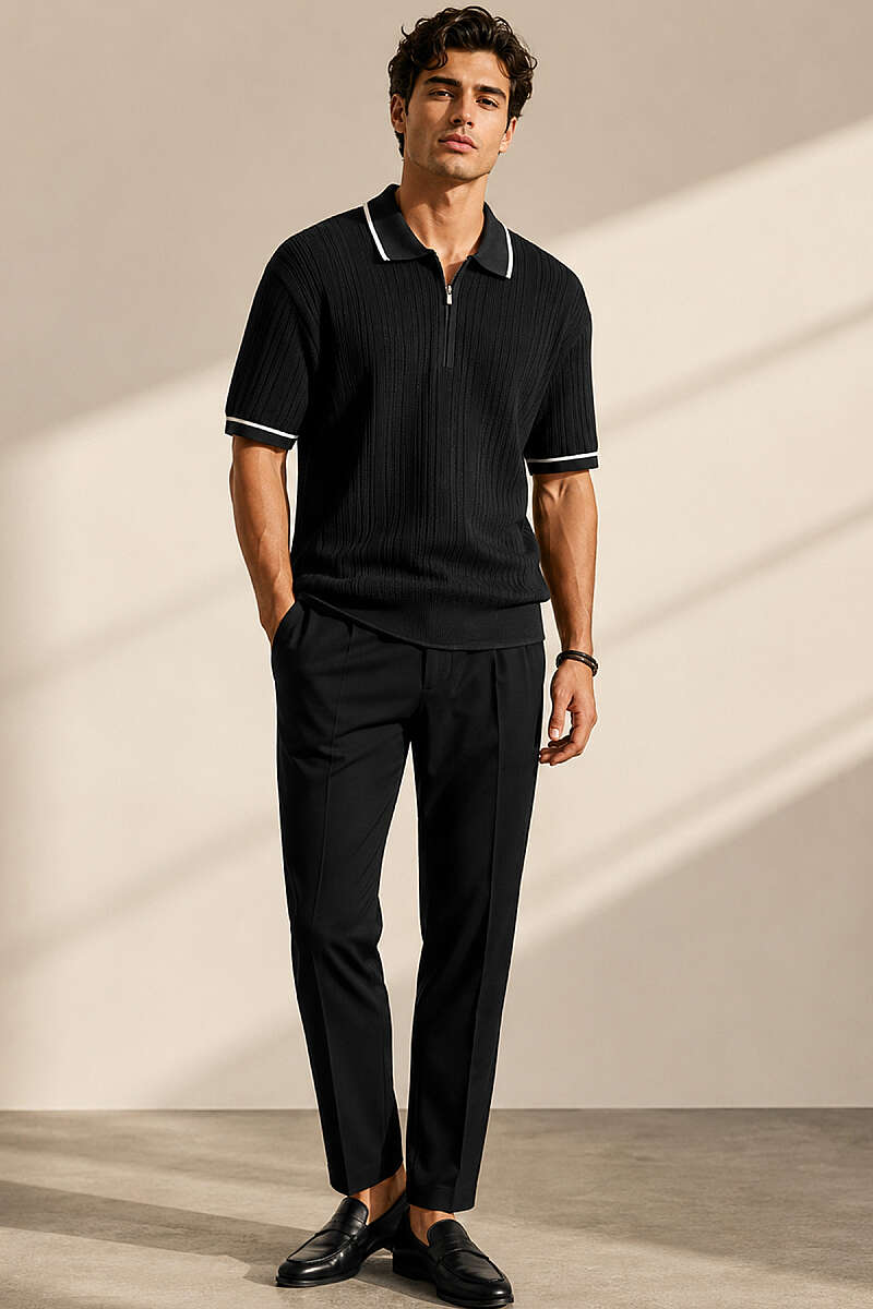 Polo Yaka Yarım Fermuarlı Merserize Erkek T-shirt Siyah