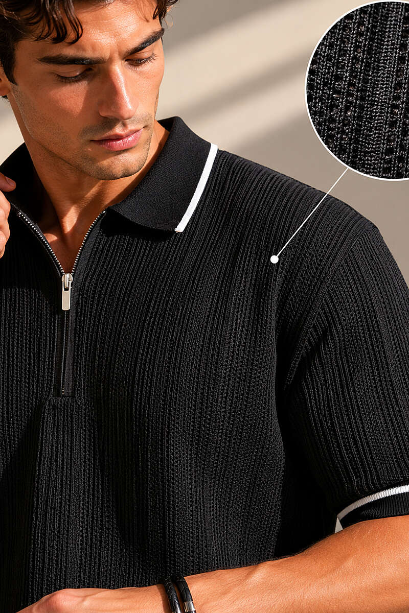 Polo Yaka Yarım Fermuarlı Merserize Erkek T-shirt Siyah
