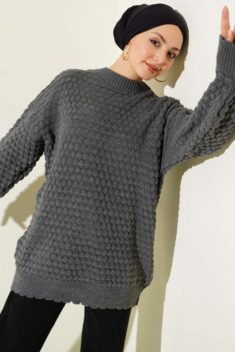 Popit Kabartmalı Triko Tunik Füme