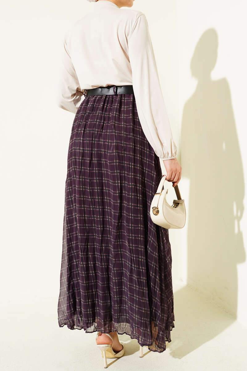 Pötikare Kemerli Kırışık Şifon Etek Mürdüm