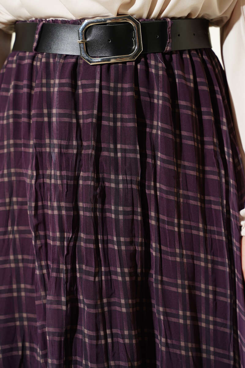 Pötikare Kemerli Kırışık Şifon Etek Mürdüm