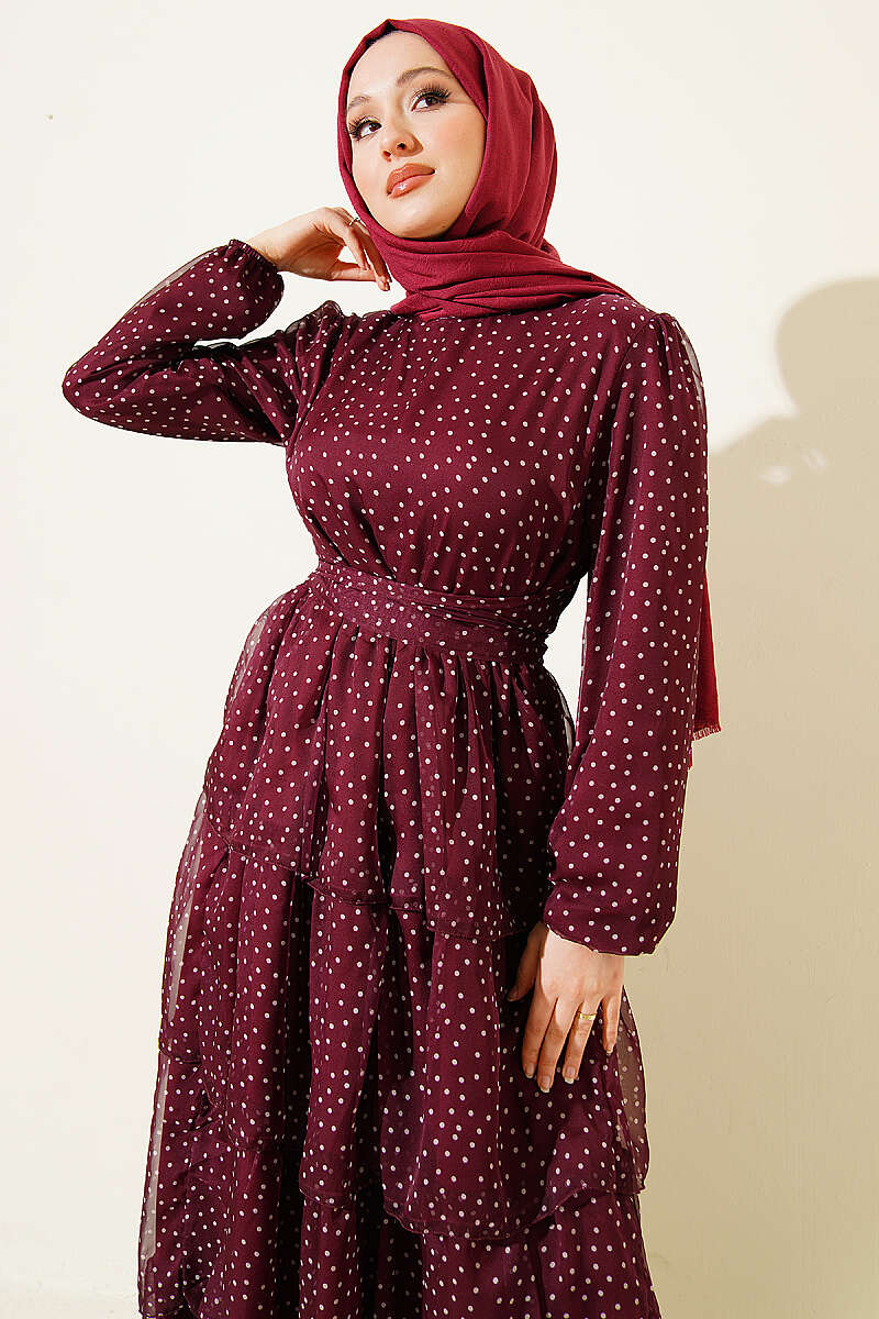 Puantiyeli Kat Kat Şifon Elbise