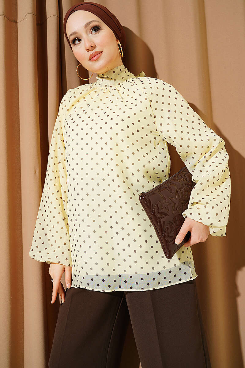 Puantiyeli Yaka Bağlamalı Şifon Tunik Sarı