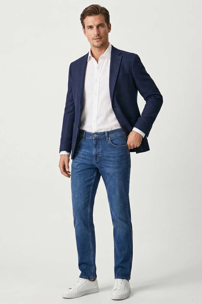 Regular Fit Likralı Cepli Erkek Kot Pantolon Mavi