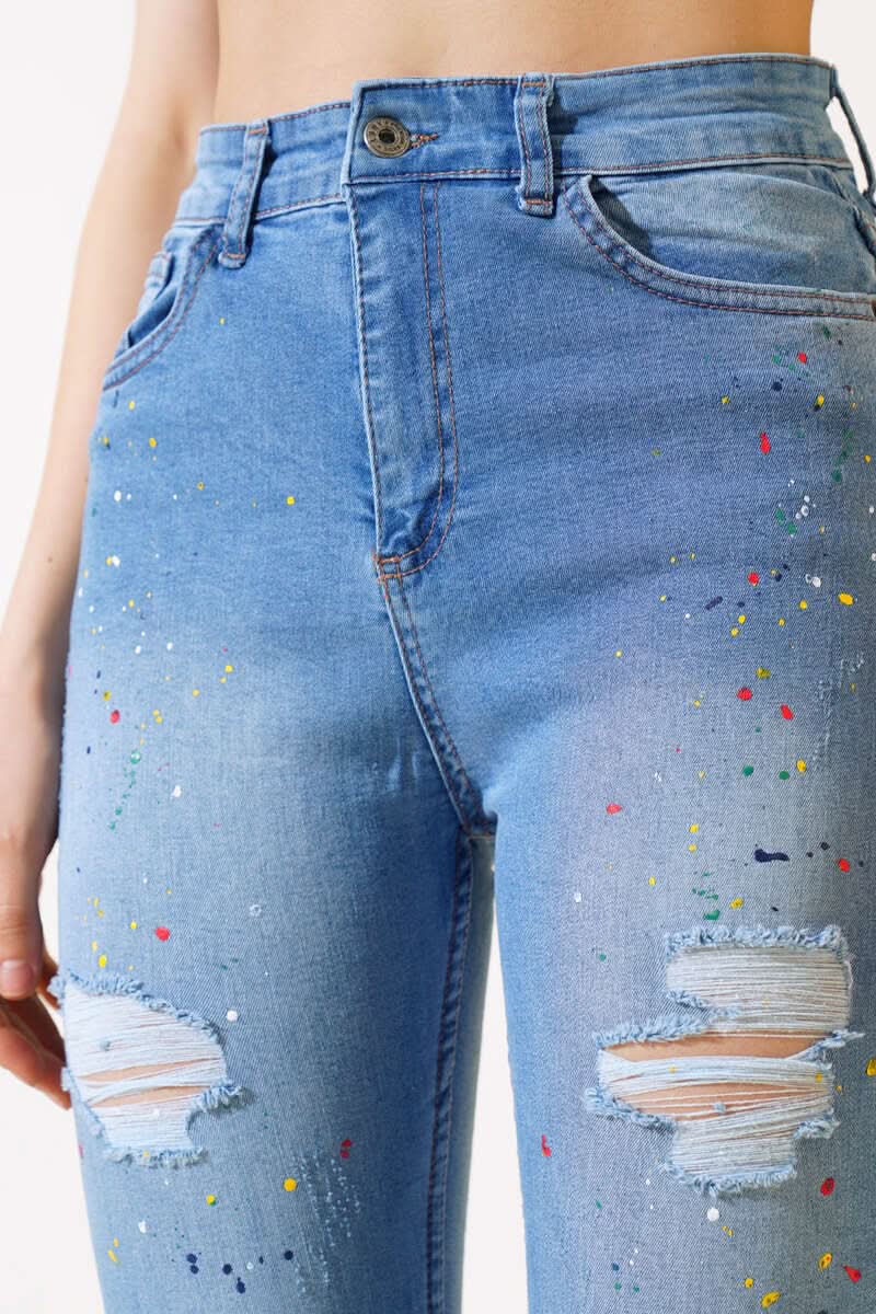 Renkli Desenli Yırtmaçlı Kot Pantolon