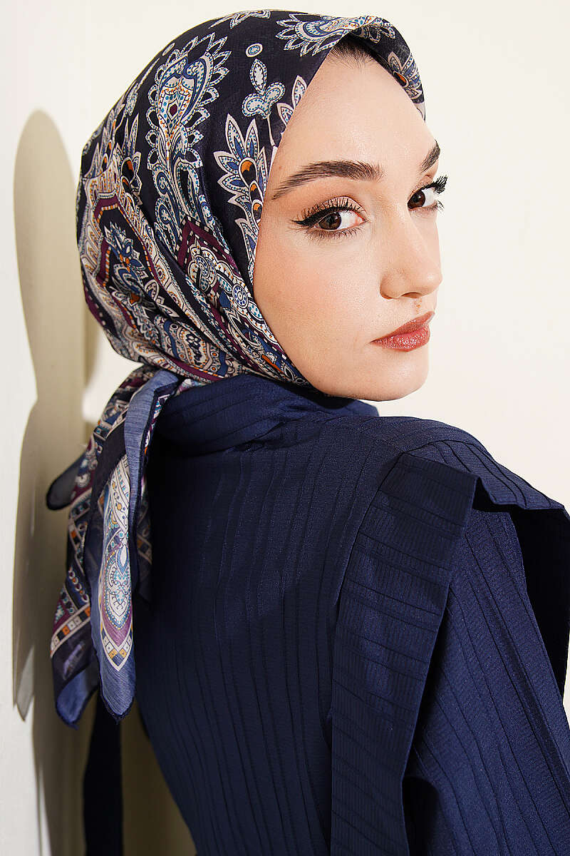 Retro Desen Elegance Eşarp İndigo