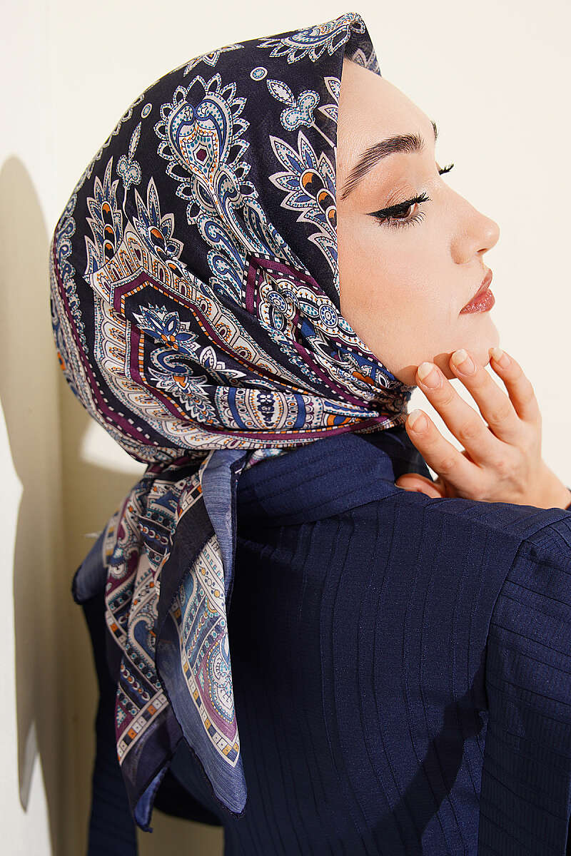 Retro Desen Elegance Eşarp İndigo