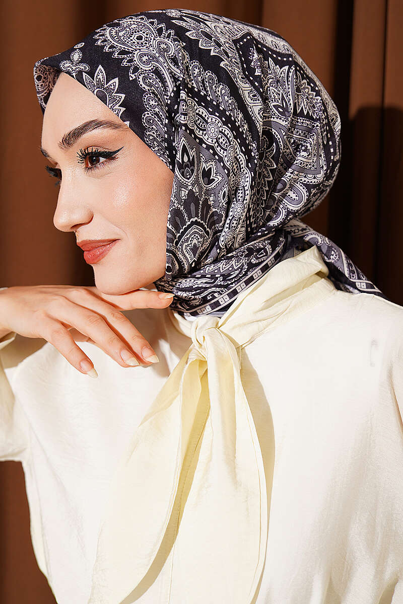 Retro Desen Elegance Eşarp Koyu Lacivert