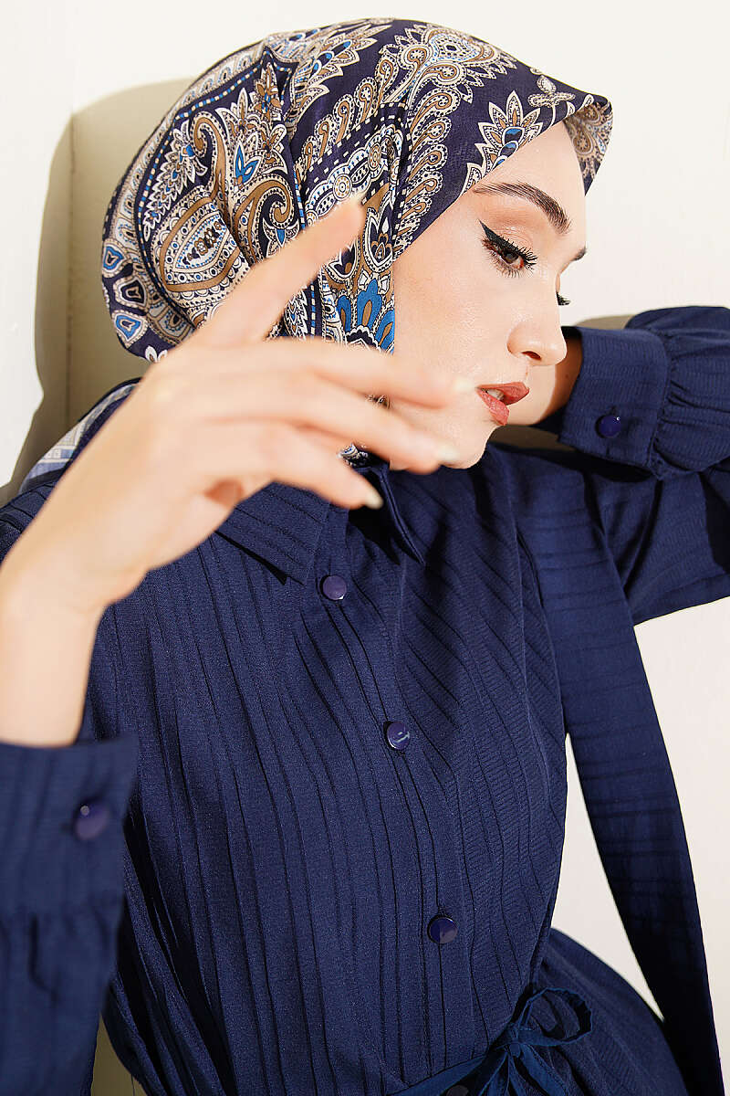 Retro Desen Elegance Eşarp Lacivert Bej