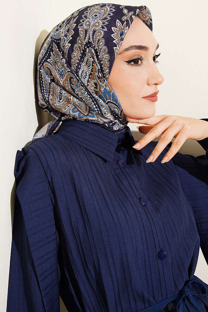 Retro Desen Elegance Eşarp Lacivert Bej