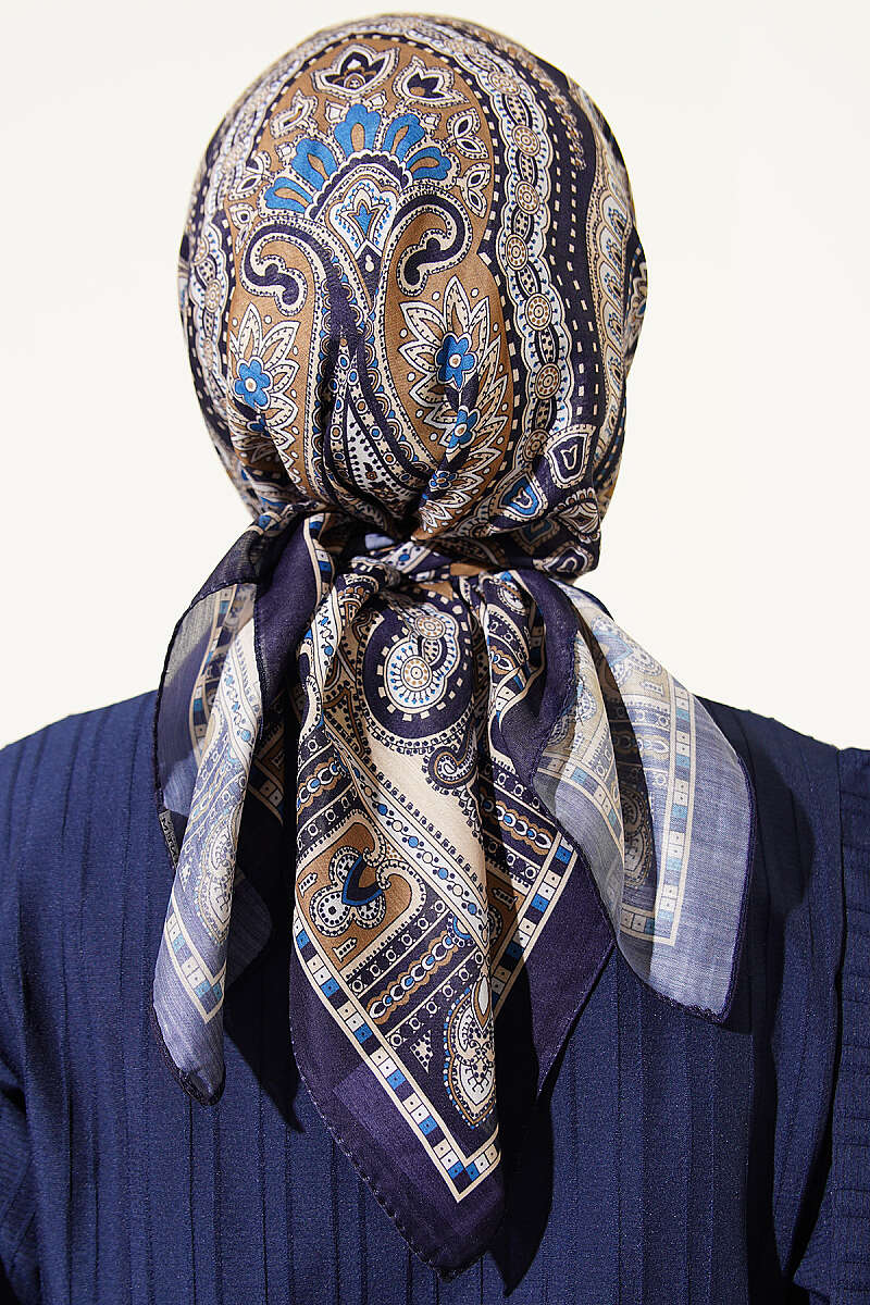 Retro Desen Elegance Eşarp Lacivert Bej
