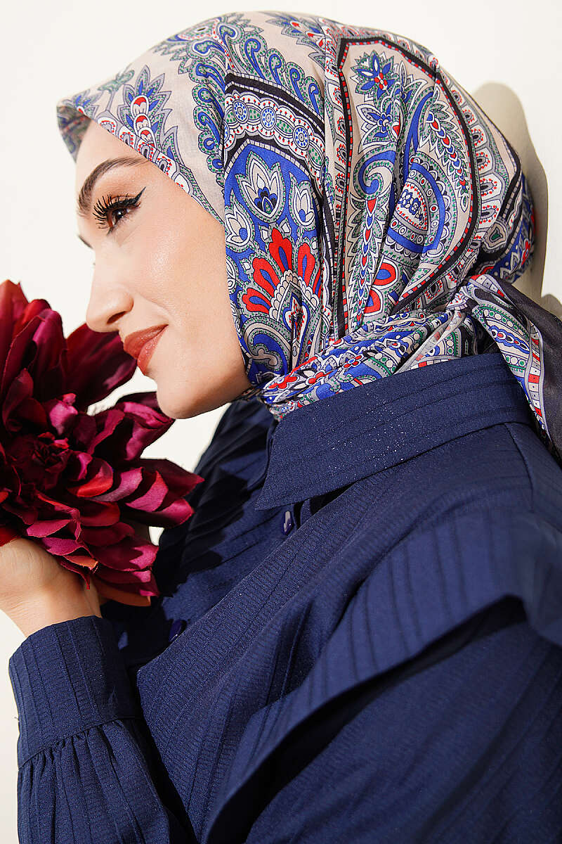 Retro Desen Elegance Eşarp Lacivert Gri