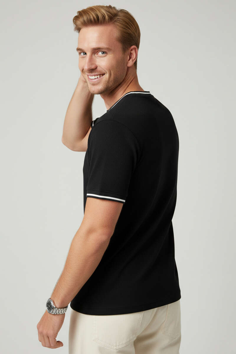 Ribana Detaylı Kısa Kol Erkek T-shirt Siyah