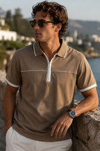 Ribanalı Polo Yaka Fermuarlı Erkek T-shirt Vizon