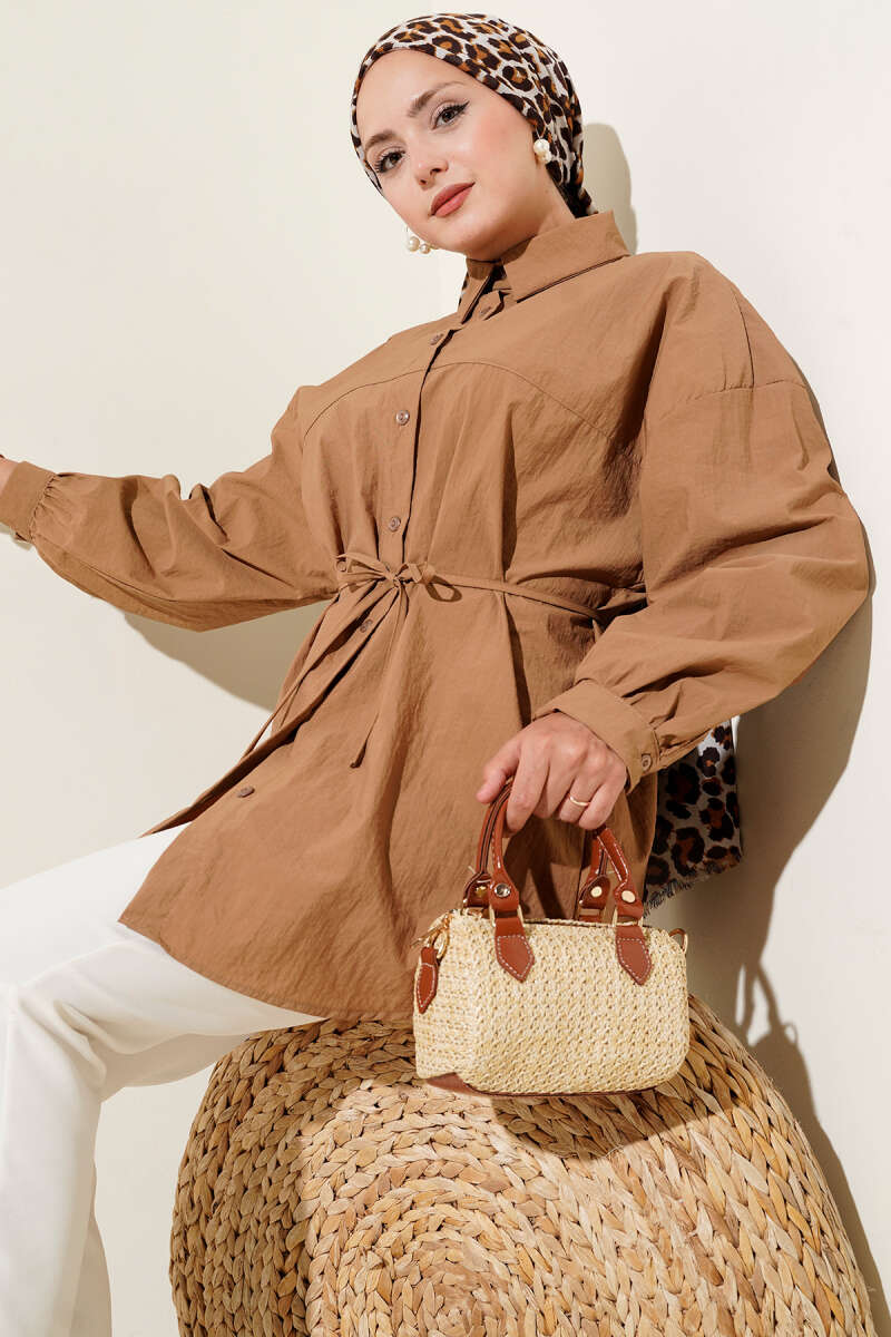 Robed Balloon Sleeve Belted Shirt