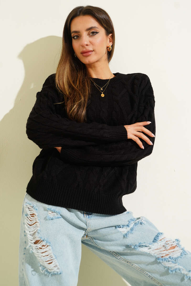 Saç Örgü Kabartmalı Triko Kazak