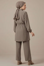 Sahte Cep Kapaklı Fermuarlı İkili Takım Vizon