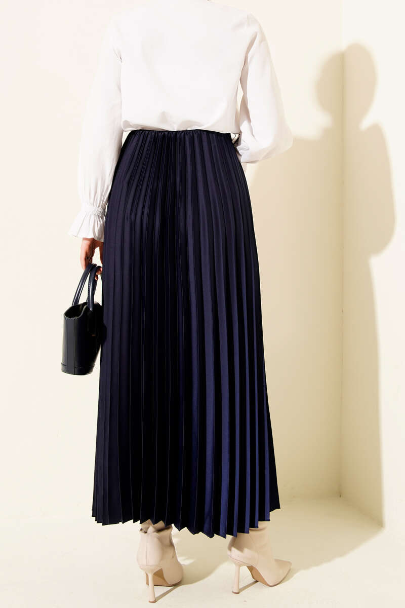 Saten Görünümlü Pileli Etek Lacivert