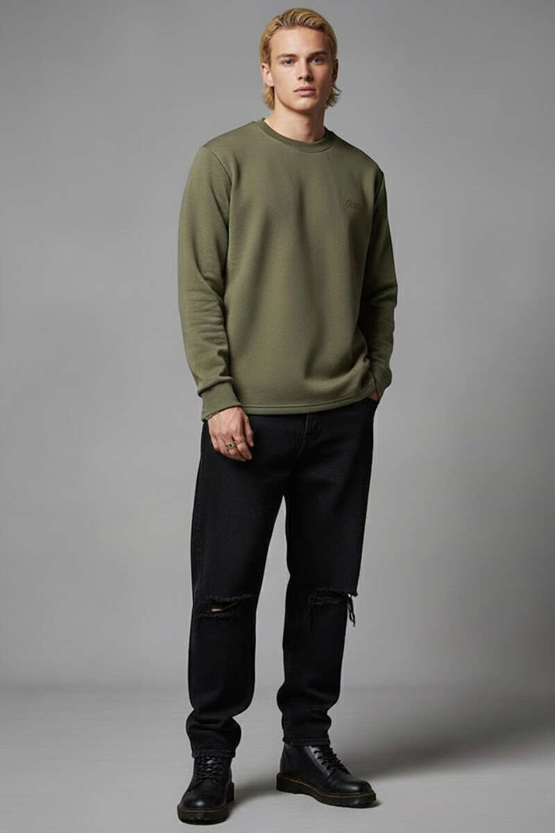 Scuba Bisiklet Yaka Erkek Sweatshirt Haki