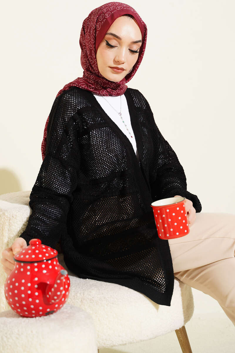 Şerit Desen Ajurlu Triko Hırka