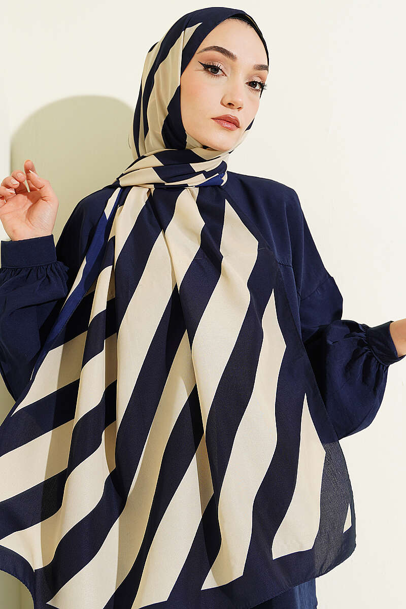 Şerit Desen Medine İpeği Şal Lacivert