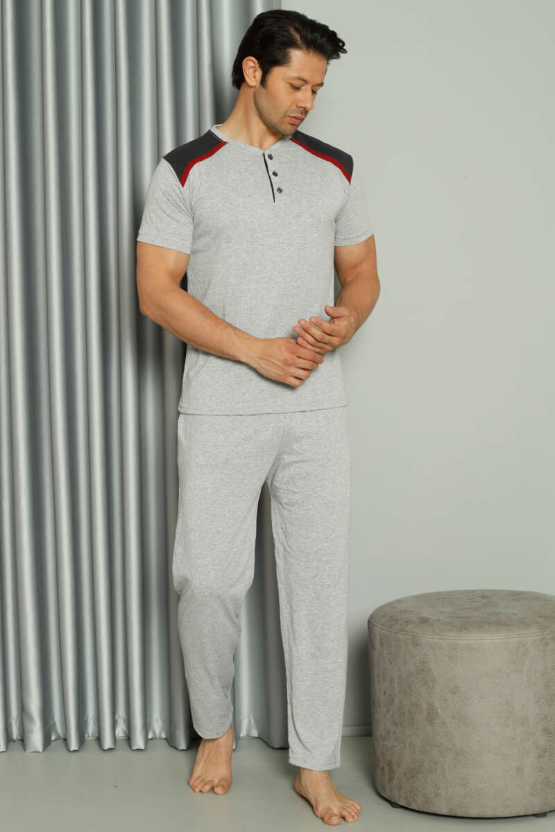 Şerit Garnili Kısa Kol Erkek Pijama Takımı Gri