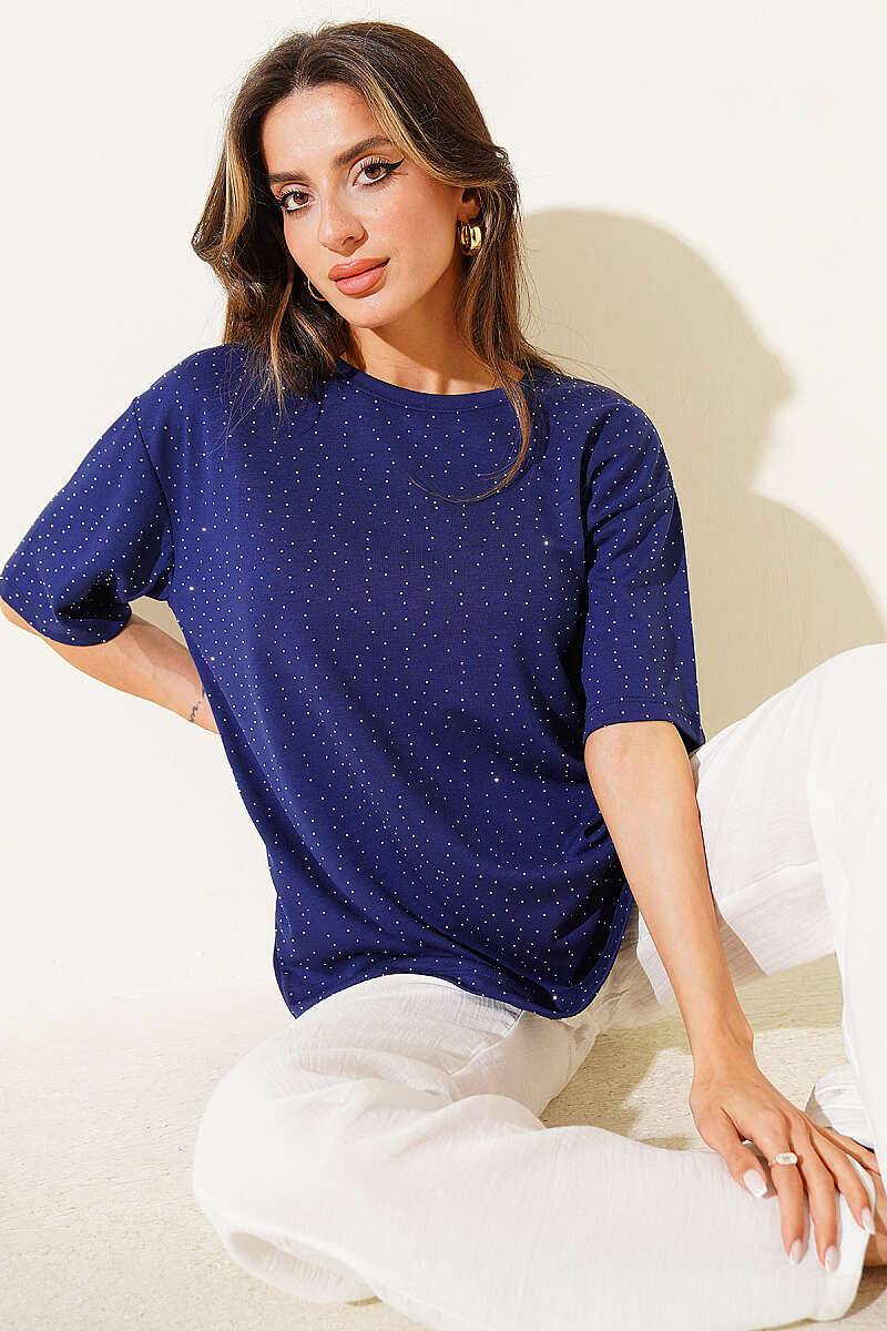 Serpme Taşlı Basic T-shirt Lacivert